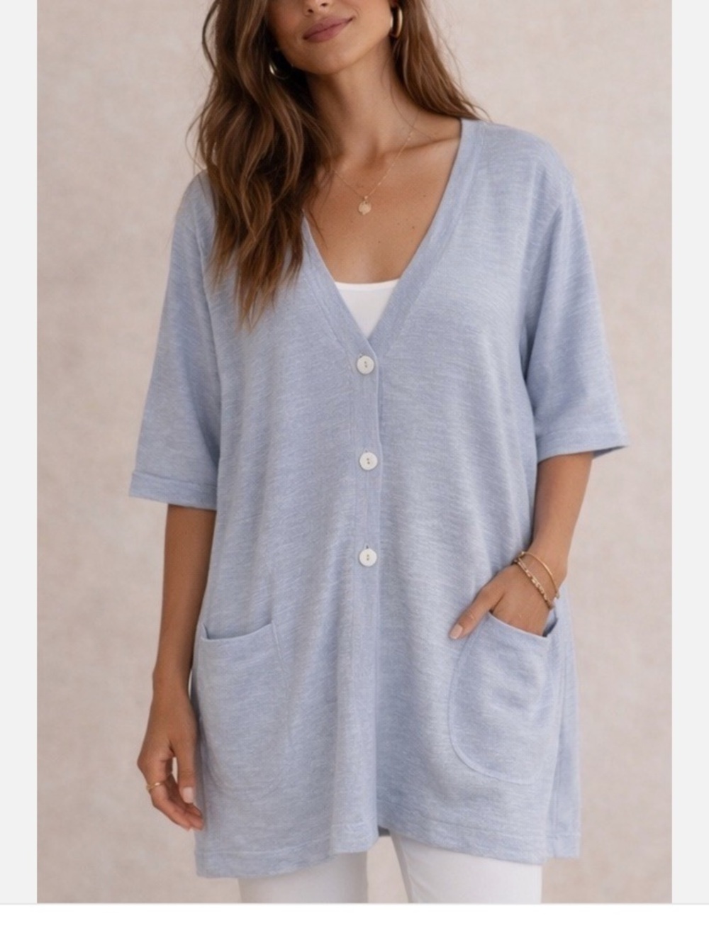J. Jill Women's M Blue Sweater Linen Cardigan Tunic Lightweight Pockets Coastal